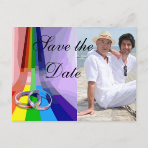 Cartão Postal De Anúncio Gay Arco-íris e Anéis de Casamento Salvar a Data