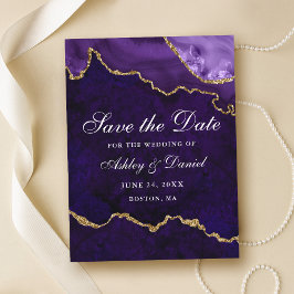 Cartão Postal De Anúncio Geodo de Ágata Mármore Dourado Roxo Save The Date 