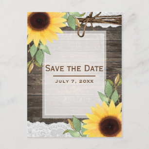 Cartão Postal De Anúncio Girassóis Rustic Madeira Lace Campo Save the Date