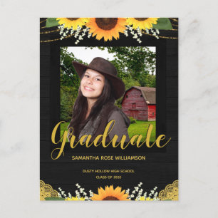 Cartão Postal De Anúncio Girassol Rústico Preto e Dourado Foto Graduação