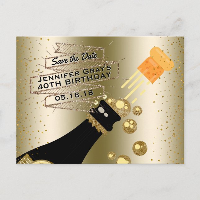 Cartão Postal De Anúncio Glam Dourado Champagne Salve a Data do Aniversário (Frente)