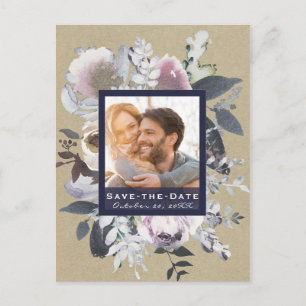 Cartão Postal De Anúncio Glam Floral Rústico Azul Kraft Foto Salve o Dia