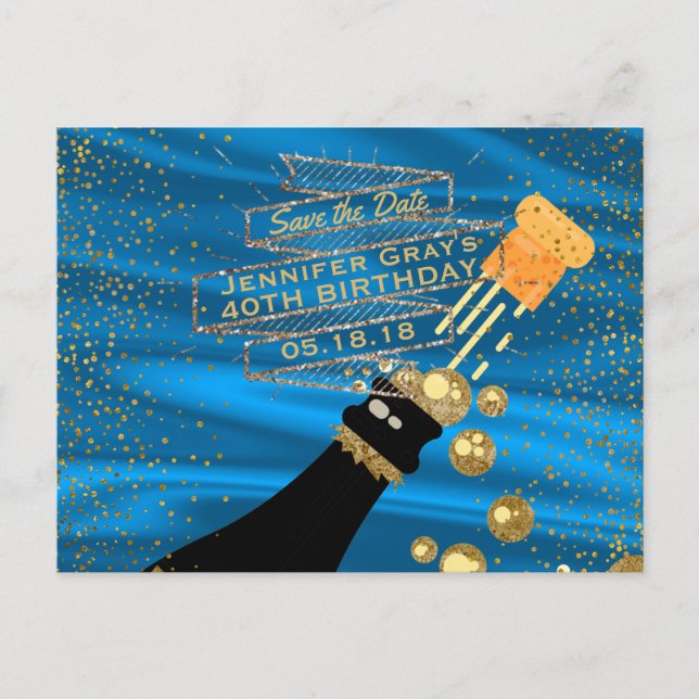 Cartão Postal De Anúncio Glamour Dourado Azul Salve a Data Champanhe Aniver (Frente)