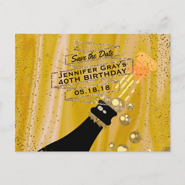 Cartão Postal De Anúncio Glamour Dourado Preto Salve a Data Champanhe Anive (Frente)