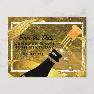 Cartão Postal De Anúncio Glamour Dourado Preto Salve a Data Champanhe Anive