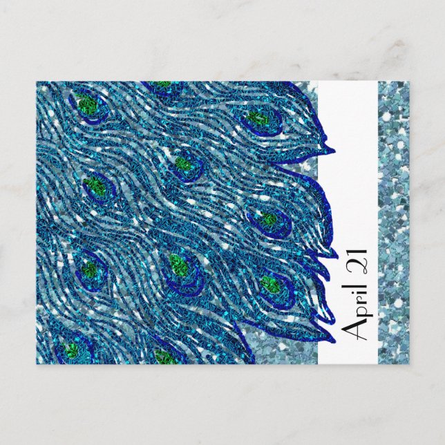 Cartão Postal De Anúncio Glittery Blue Spangle Peacock Save the Date (Frente)