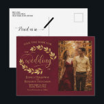 Cartão Postal De Anúncio Gold Leaves Burgundy Wedding Save the Date Photo<br><div class="desc">This wedding Save the Date postcard is rustic, elegant, and beautiful. It features a hand painted watercolor design with sprigs of golden laurel leaves or vines and modern script lettering on a marbled burgundy background. There is space for your photo, the couple's name, and the wedding location. The back has...</div>