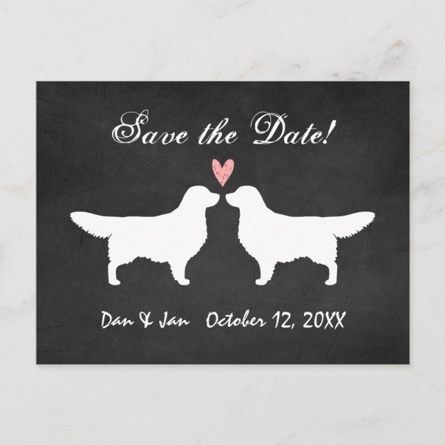 Cartão Postal De Anúncio Golden Retrievers Casamento Salvar a Data (Frente)