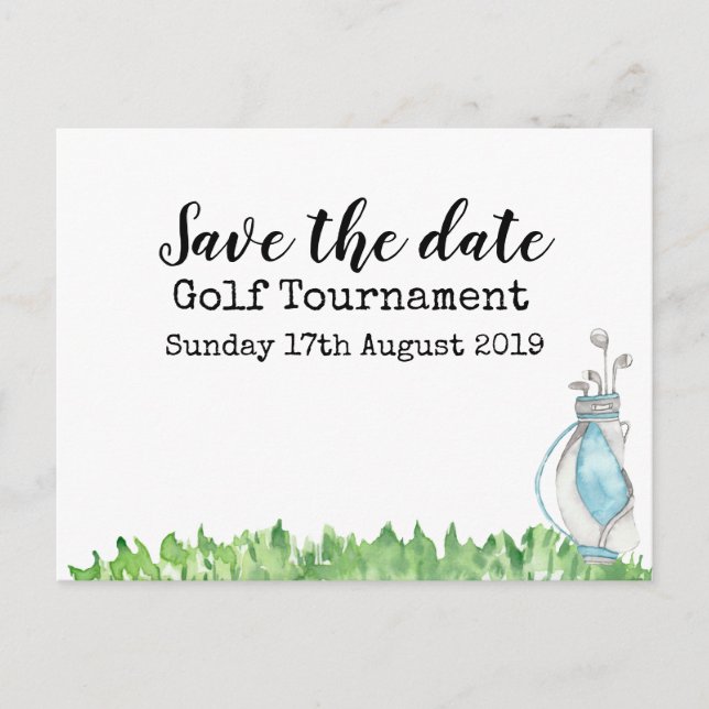 Cartão Postal De Anúncio Golf Salve a data Golf Tournament com saco de golf (Frente)