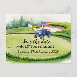 Cartão Postal De Anúncio Golfe Salve a data Torneio de Golfe com bandeira d