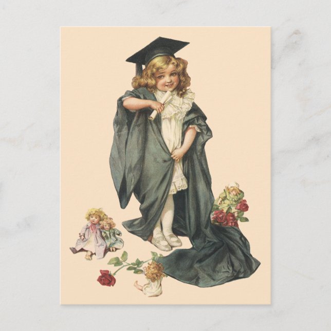 Cartão Postal De Anúncio Graduação Antiga, Menina Vestindo um Chapéu e Toga (Frente)