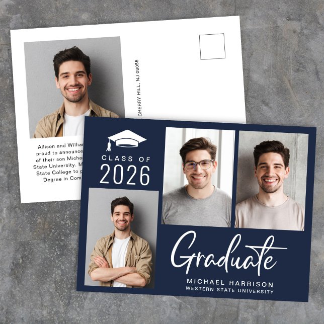Cartão Postal De Anúncio Graduação Azul de Script de Foto Moderno 3 (Modern Photo Bold Script Blue Graduation Announcement Postcard)