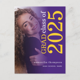 Cartão Postal De Anúncio Graduação da Foto Amarela Moderna Púrpura 2025