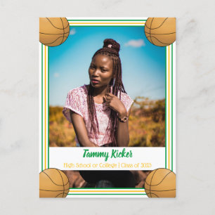 Cartão Postal De Anúncio Graduação de Basquetebol Verde e Dourado