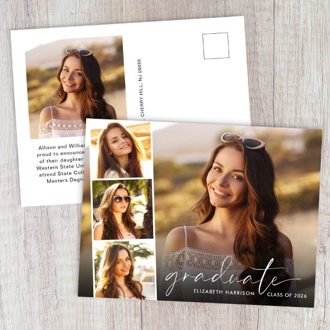 Cartão Postal De Anúncio Graduação de Fita de Script Branco Elegante (Cherish the milestone: share your graduate's achievement with a custom photo graduation announcement)