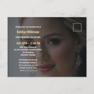 Cartão Postal De Anúncio Graduação de Foto com Script Glitter Dourado Azu