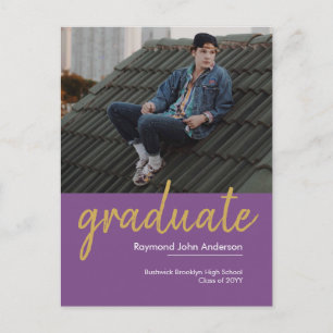 Cartão Postal De Anúncio Graduação de Foto Dourada de Script Violeta Roxo E