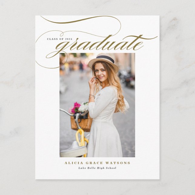 Cartão Postal De Anúncio Graduação de Foto Elegante Dourada (Frente)