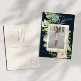 Cartão Postal De Anúncio Graduação De Foto Floral De Azul E Blush