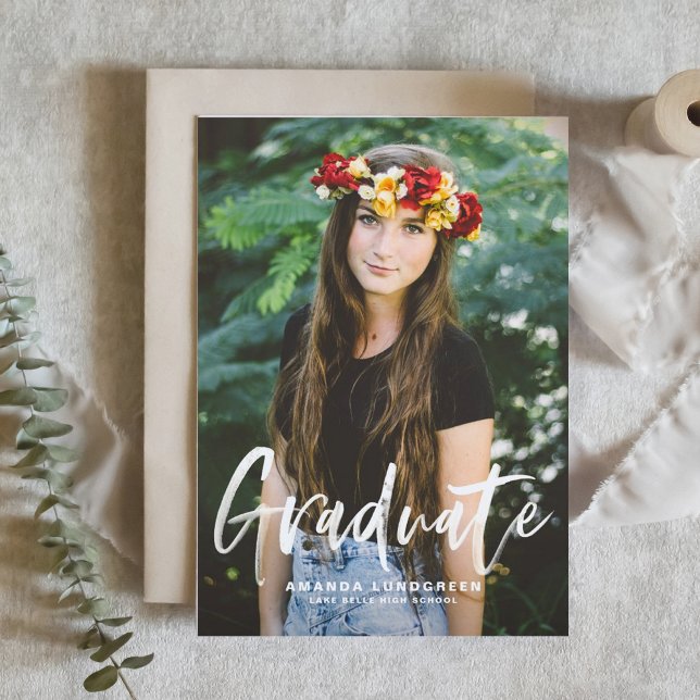 Cartão Postal De Anúncio Graduação de Fotos por Caligrafia Rustic Brush (Customizable photo graduation announcement postcard featuring white brush lettering. )