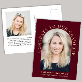 Cartão Postal De Anúncio Graduação Dourada de Foto Burgundy em Arch Elegant