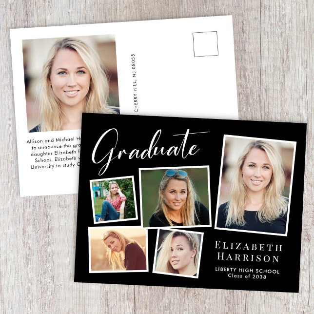 Cartão Postal De Anúncio Graduação em Preto para Colagem de Fotos Moderna (Cherish the milestone: share your graduate's achievement with a custom photo graduation announcement)