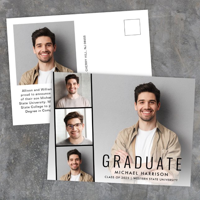 Cartão Postal De Anúncio Graduação mínima de fita fotográfica moderna (Cherish the milestone: share your graduate's achievement with a custom photo graduation announcement)