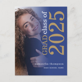Cartão Postal De Anúncio Graduação Moderno Foto Dourado Azul 2025