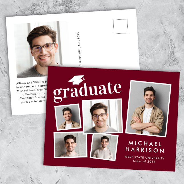 Cartão Postal De Anúncio Graduação Vermelha de Colagem de Fotos Moderna (Cherish the milestone: share your graduate's achievement with a custom photo graduation announcement)
