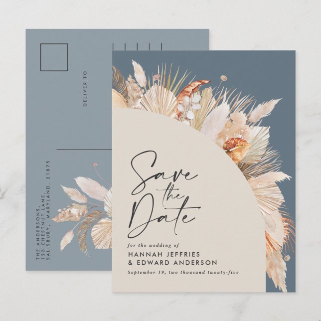 Cartão Postal De Anúncio Grama de pampas azul botânica moderna salvar a dat (Frente/Verso)