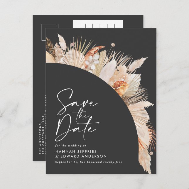 Cartão Postal De Anúncio Gramínea pampas elegante botânica preta moderna (Frente/Verso)