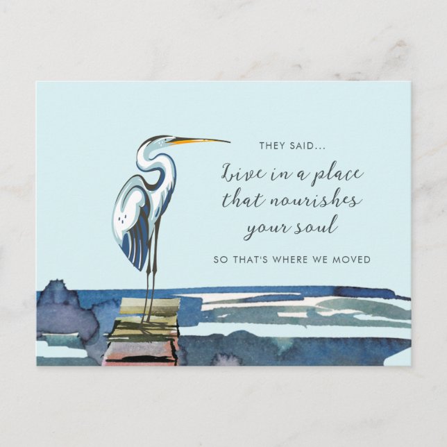 Cartão Postal De Anúncio Grande Garça Azul na Orla Endereço Novo (Frente)