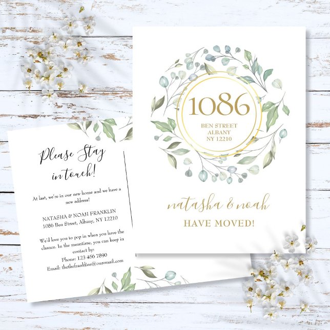Cartão Postal De Anúncio Greenery Garland Dourado Novo Endereço que Mudamos (Greenery Garland Gold New Address We've Moved Anno Announcement Postcard)