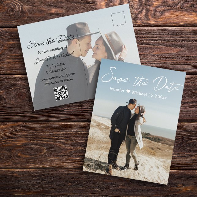 Cartão Postal De Anúncio guardar a data de escrita manual branca casal 2 fo (Criador carregado)