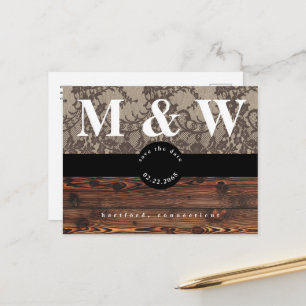 Cartão Postal De Anúncio Guardar a data do casamento de madeira rústica e r