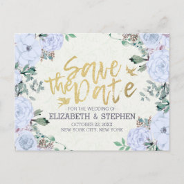 Cartão Postal De Anúncio Guardar o Script Dourado Floral de Data Elegante