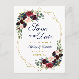 Cartão Postal De Anúncio Guarde a data Dourada Frame Burgundy Blue Floral