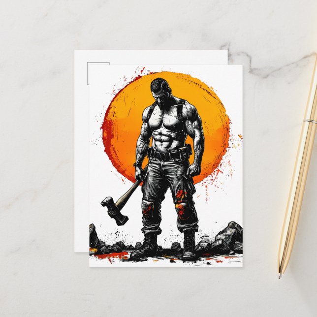 Cartão Postal De Anúncio guerreiro bárbaro medieval fantasia martelo força (Frente/Verso In Situ)