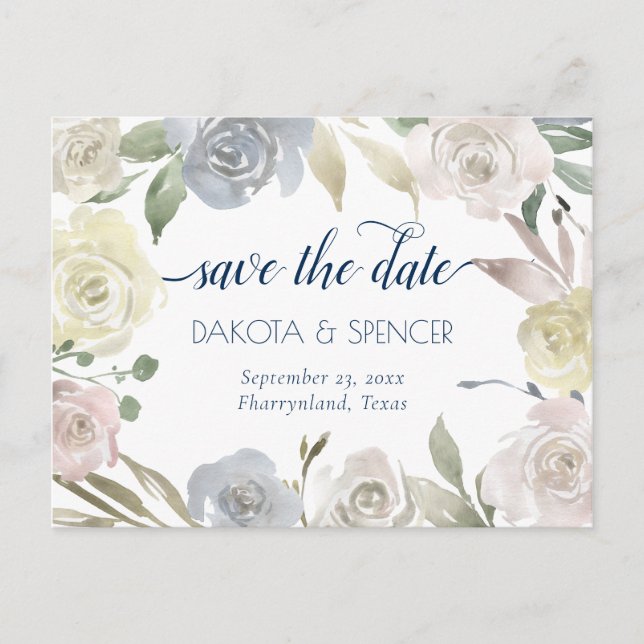 Cartão Postal De Anúncio Guirlanda Floral Suave | Casamento Azul Rosa Amare (Frente)