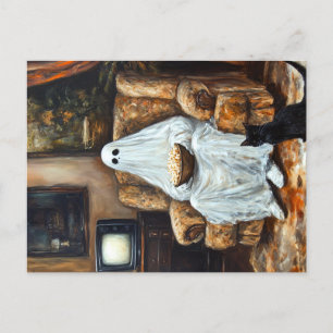 Cartão Postal De Anúncio Halloween Ghost assistindo TV com pipoca