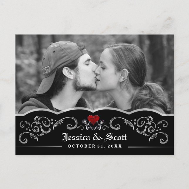 Cartão Postal De Anúncio Halloween Wedding Skeletons Heart Photo Save Date (Frente)