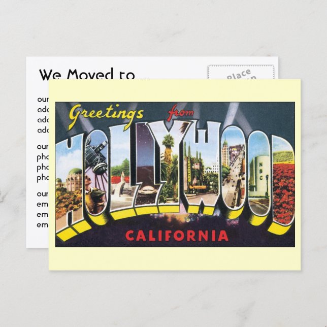 Cartão Postal De Anúncio Hollywood antigo, Califórnia, Mudança de Endereço (Frente/Verso)