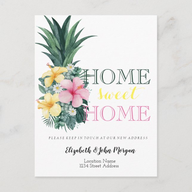 Cartão Postal De Anúncio Home Sweet Home, Pineapple Floral New Address (Frente)