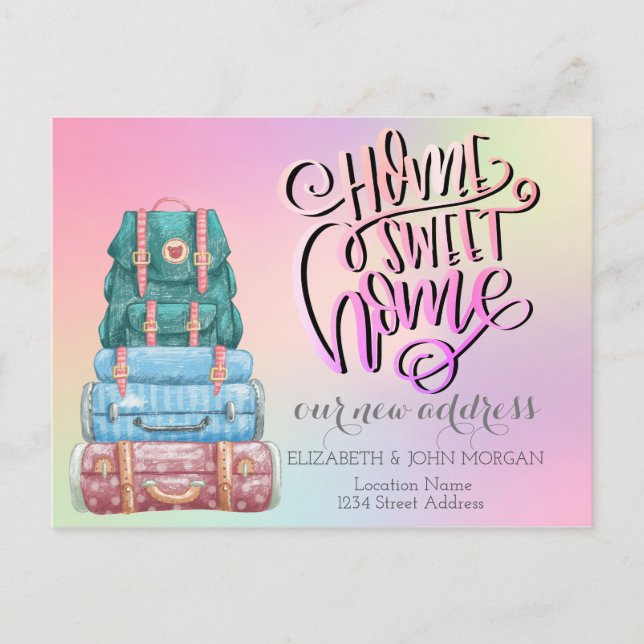 Cartão Postal De Anúncio Home Sweet Home,Suitcases,Holographic New Address (Frente)