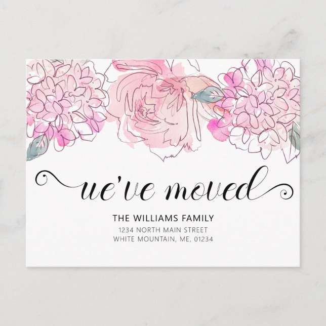 Cartão Postal De Anúncio Hortênsia Rosa Rosa Fofa Floral Aquarela Mudança (Frente)