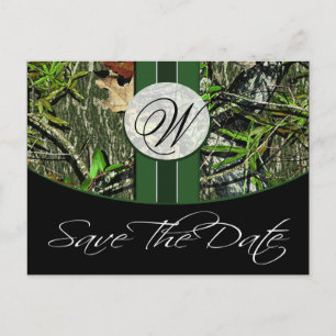 Cartão Postal De Anúncio Hunter Green Monograma Camo Casamento Salve as Dat