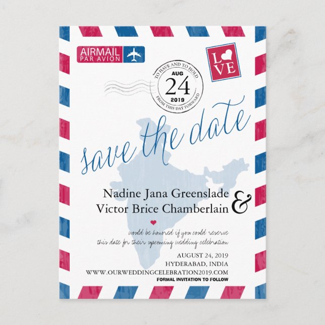 Cartão Postal De Anúncio Hyderabad, India Airmail Weding Date (Salvem A Dat (Frente)