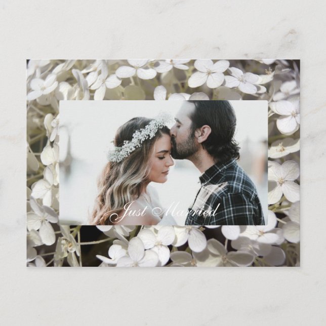 Cartão Postal De Anúncio Hydrangea branca Foto de Recem casados Floral (Frente)