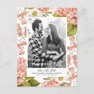 Cartão Postal De Anúncio Hydrangeas Aquarela de Pêssego Rústico Salve o Dia