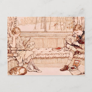 Cartão Postal De Anúncio Ilustração aconchegante de crianças vintage lendo